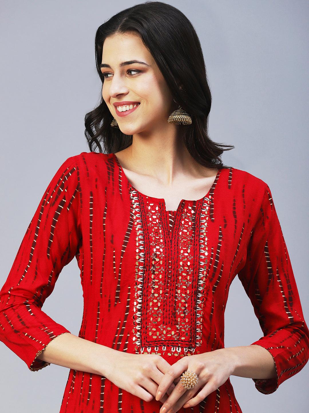 Shibori Printed Mirror Embroidered Kurta - Red - Indiakreations