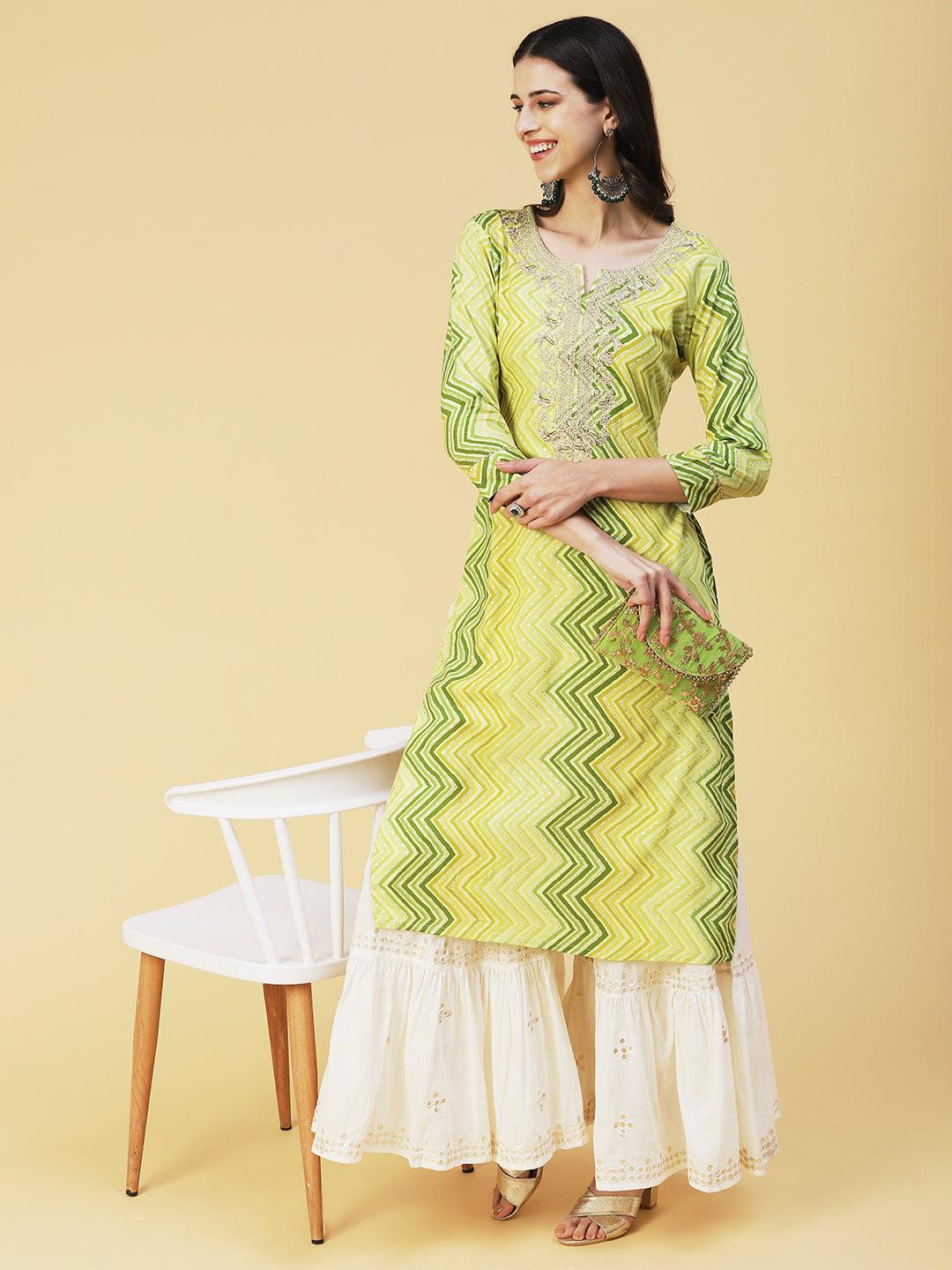 Chevron Printed & Embroidered Straight Fit Kurta - Green - Indiakreations