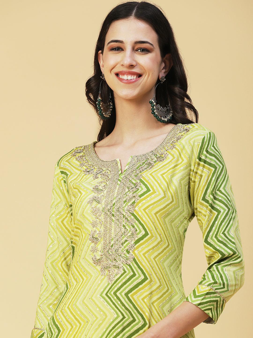 Chevron Printed & Embroidered Straight Fit Kurta - Green - Indiakreations