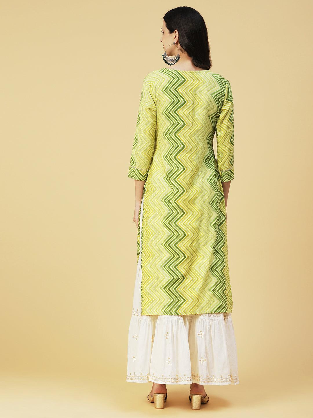 Chevron Printed & Embroidered Straight Fit Kurta - Green - Indiakreations