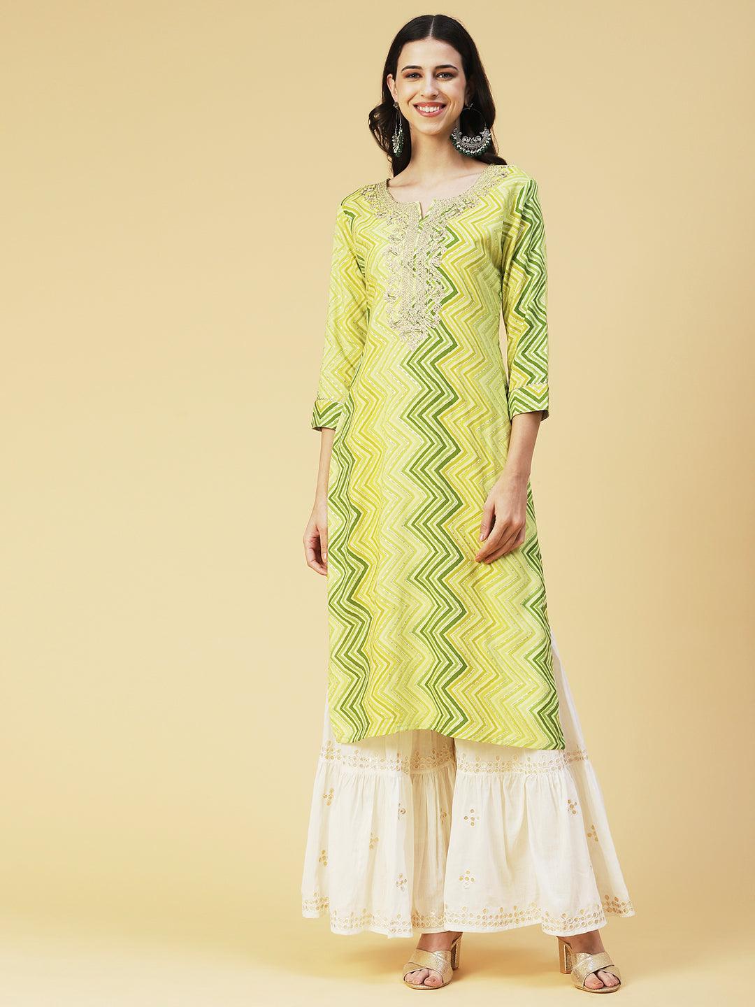 Chevron Printed & Embroidered Straight Fit Kurta - Green - Indiakreations