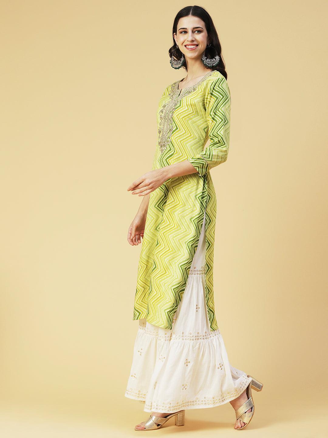 Chevron Printed & Embroidered Straight Fit Kurta - Green - Indiakreations