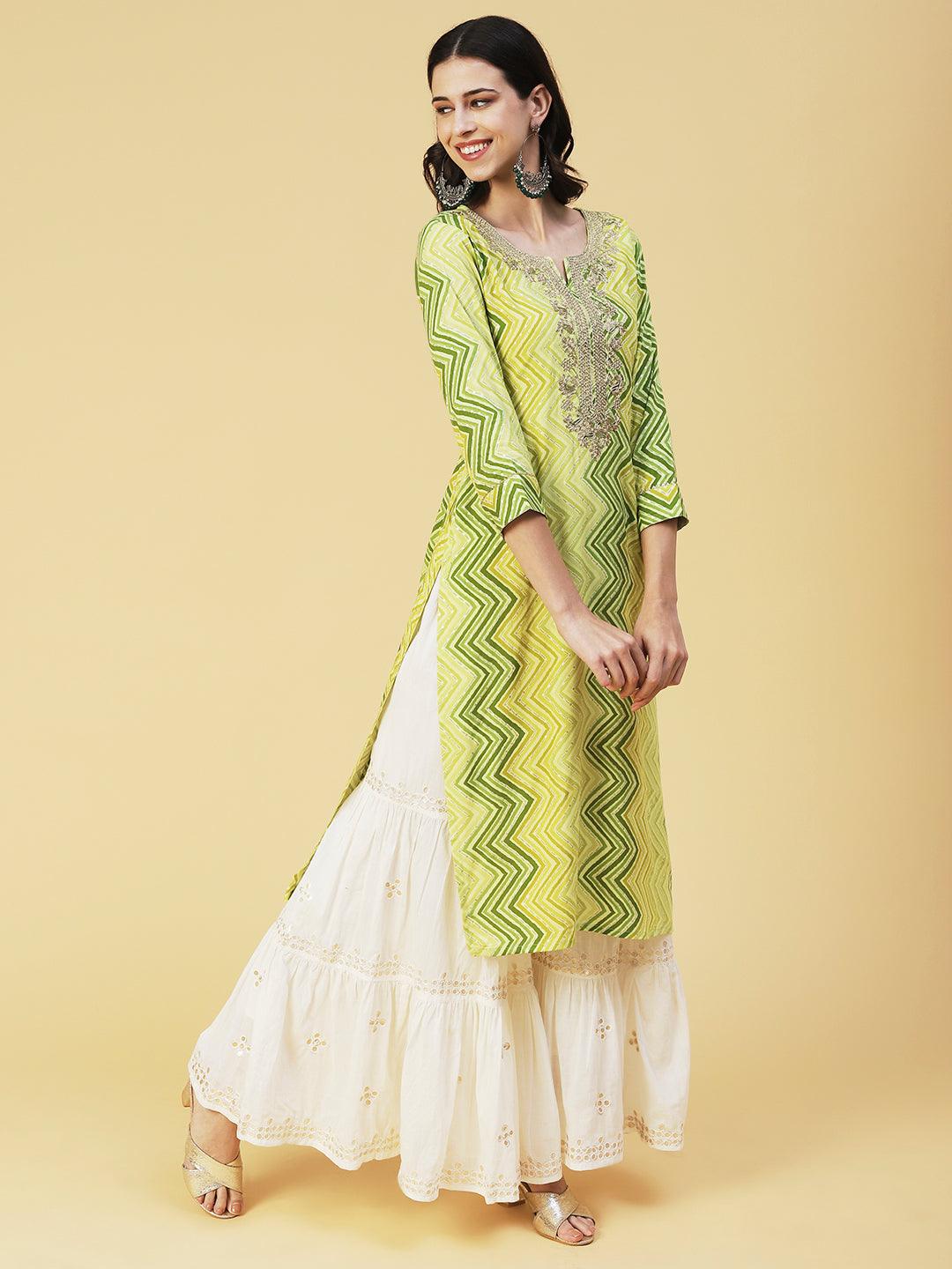 Chevron Printed & Embroidered Straight Fit Kurta - Green - Indiakreations