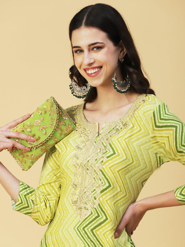 Chevron Printed & Embroidered Straight Fit Kurta - Green - Indiakreations