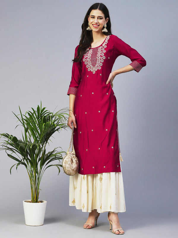 Solid Resham & Beads Embroidered Kurta - Red - Indiakreations