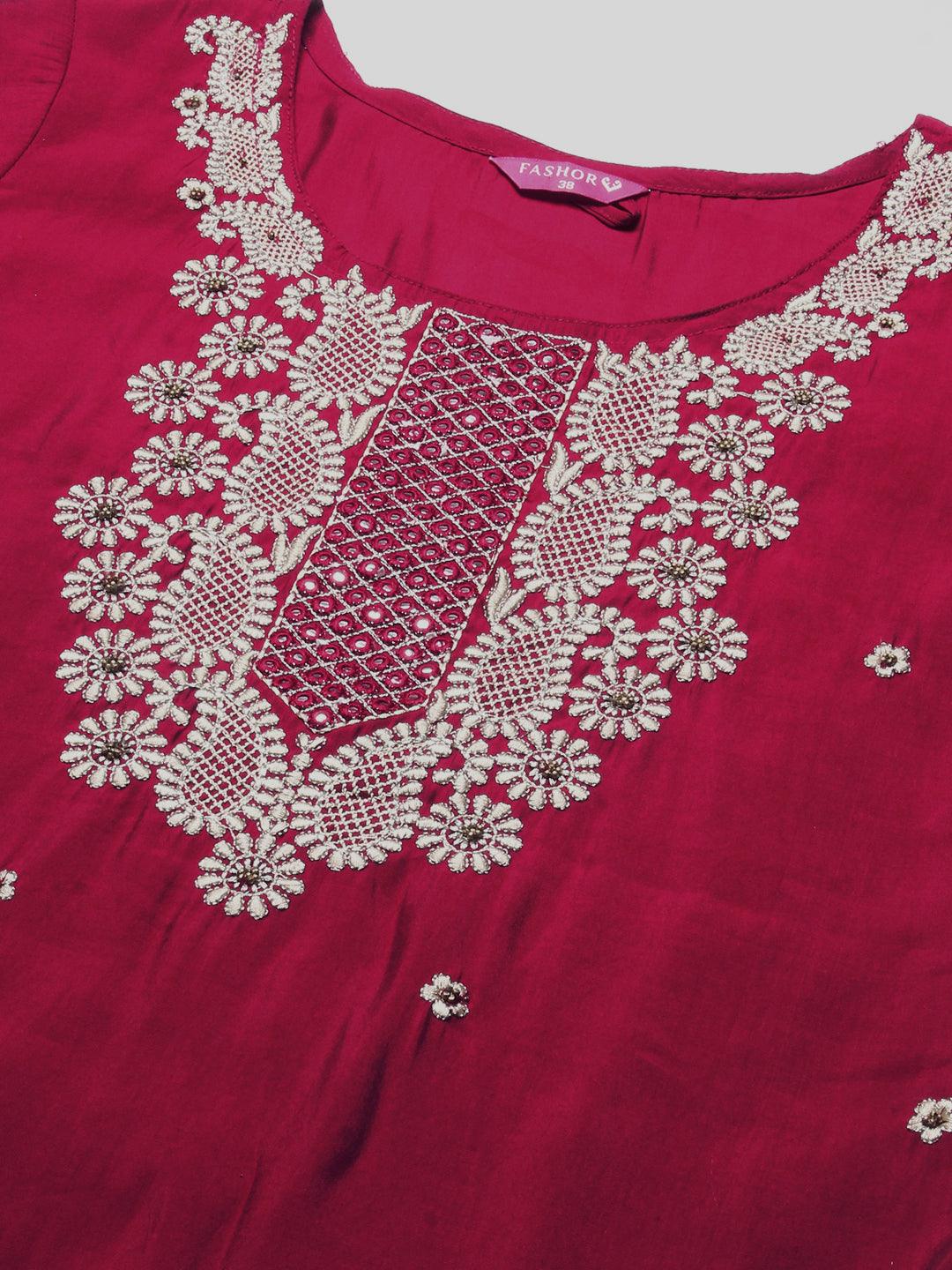 Solid Resham & Beads Embroidered Kurta - Red - Indiakreations