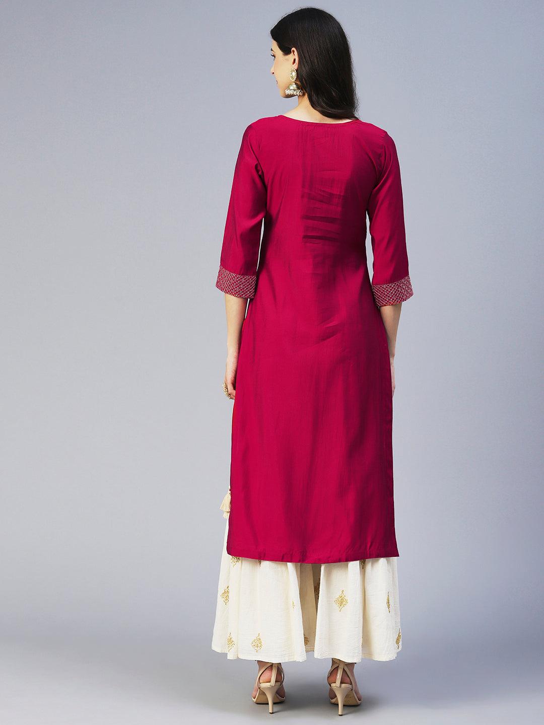 Solid Resham & Beads Embroidered Kurta - Red - Indiakreations