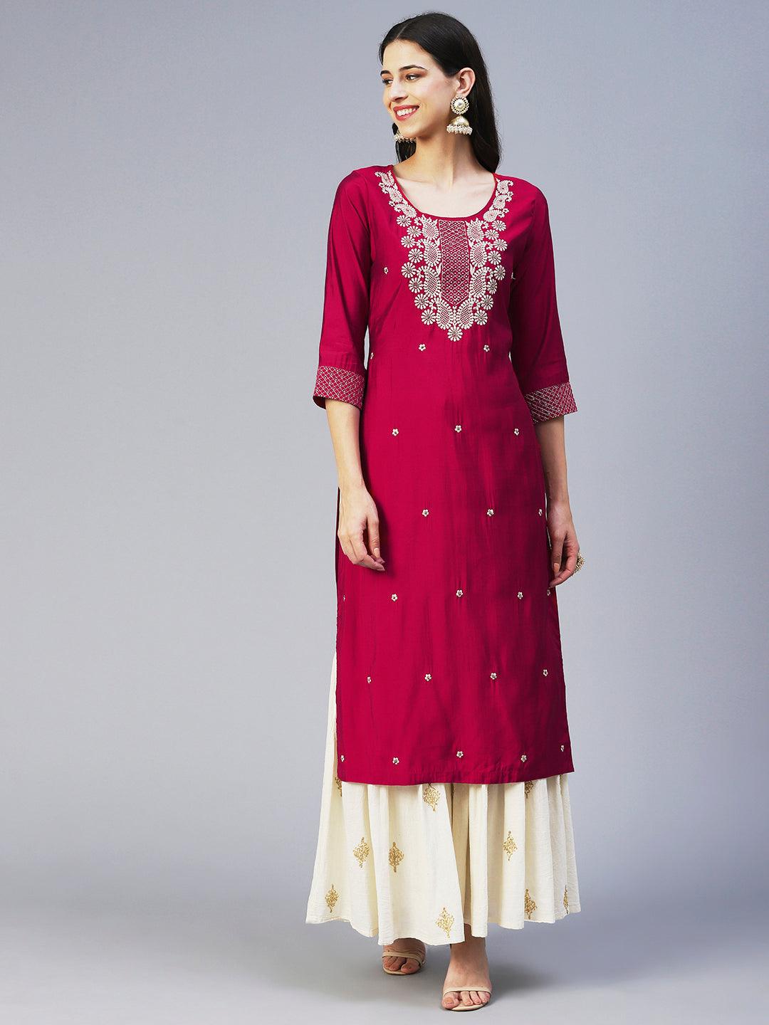 Solid Resham & Beads Embroidered Kurta - Red - Indiakreations