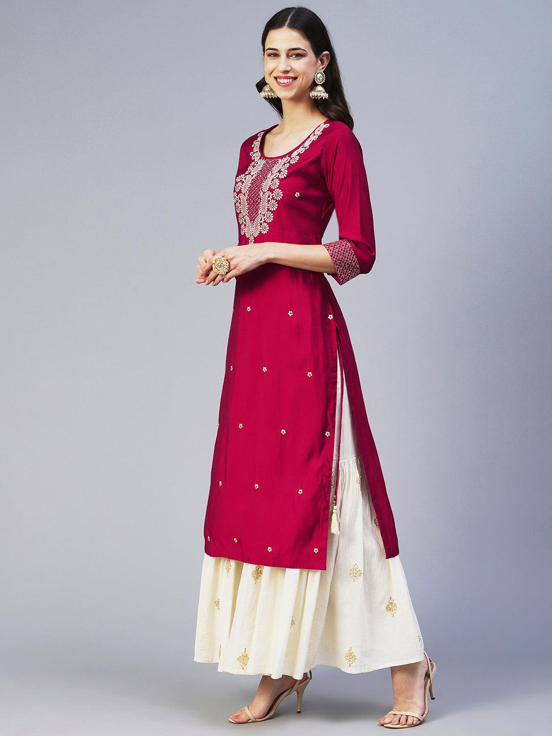 Solid Resham & Beads Embroidered Kurta - Red - Indiakreations