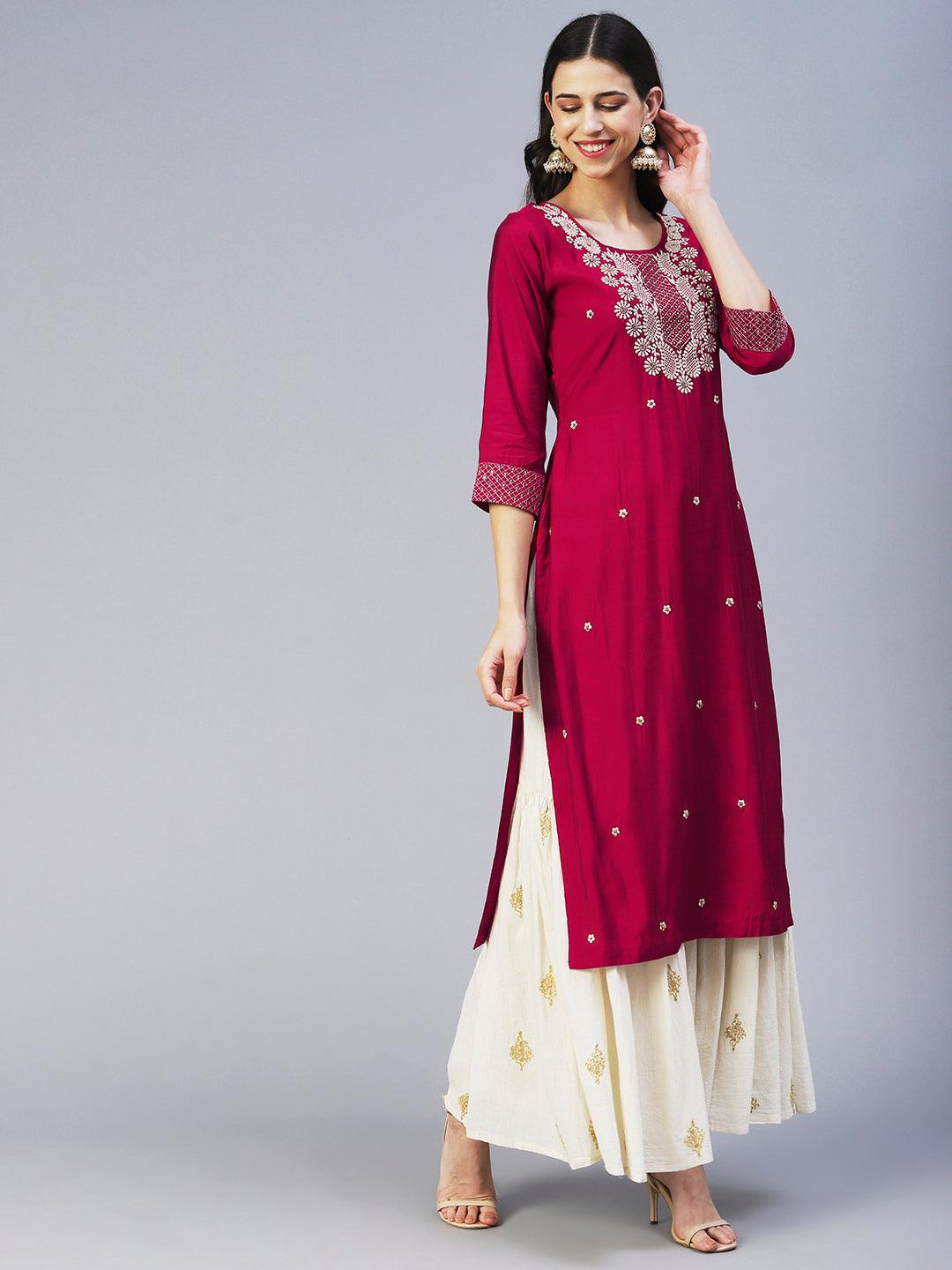 Solid Resham & Beads Embroidered Kurta - Red - Indiakreations