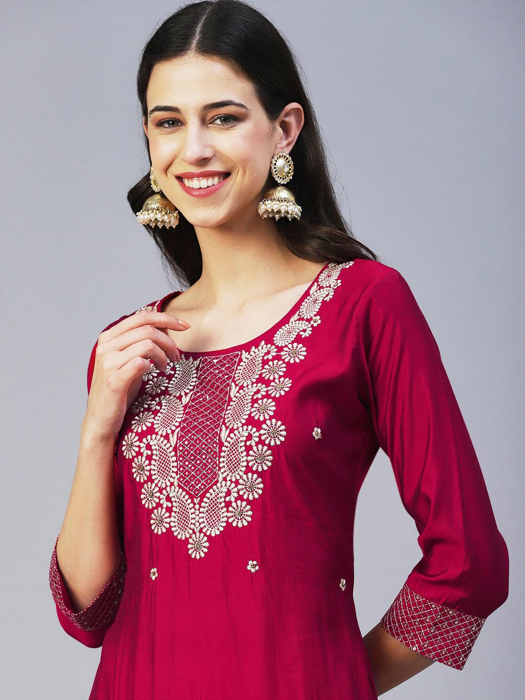 Solid Resham & Beads Embroidered Kurta - Red - Indiakreations