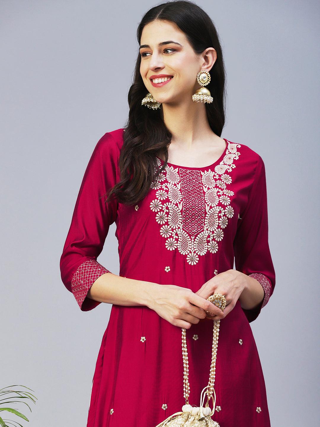 Solid Resham & Beads Embroidered Kurta - Red - Indiakreations