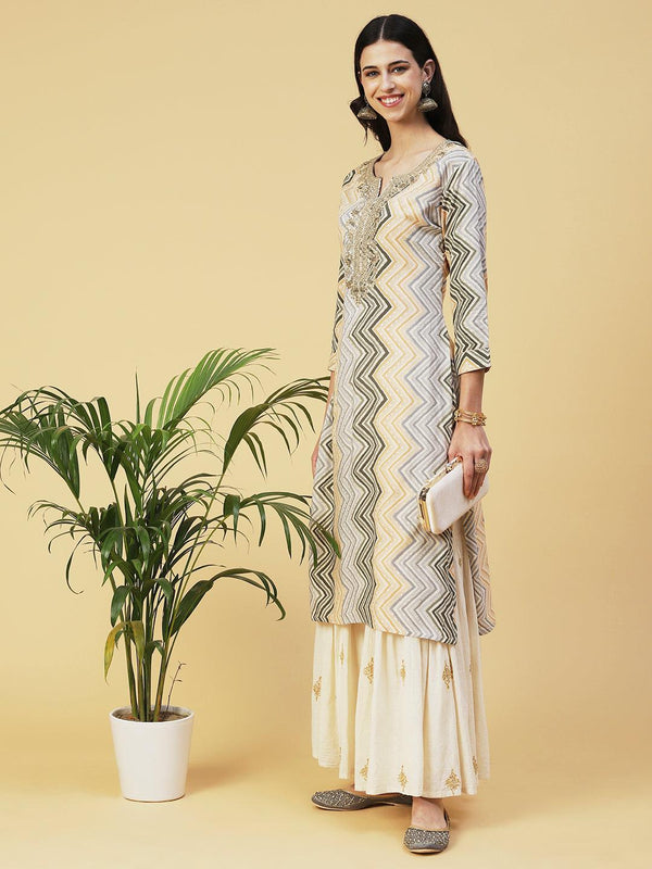 Chevron Printed & Embroidered Straight Fit Kurta - Multi - Indiakreations