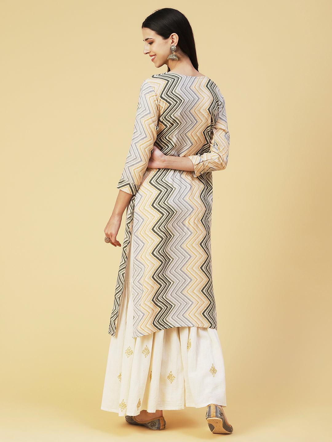 Chevron Printed & Embroidered Straight Fit Kurta - Multi - Indiakreations