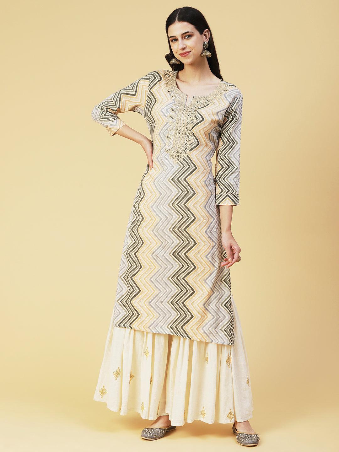 Chevron Printed & Embroidered Straight Fit Kurta - Multi - Indiakreations