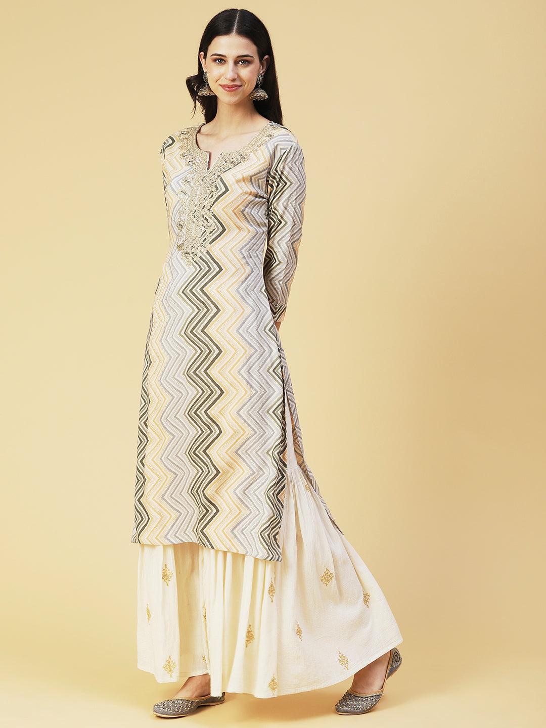 Chevron Printed & Embroidered Straight Fit Kurta - Multi - Indiakreations