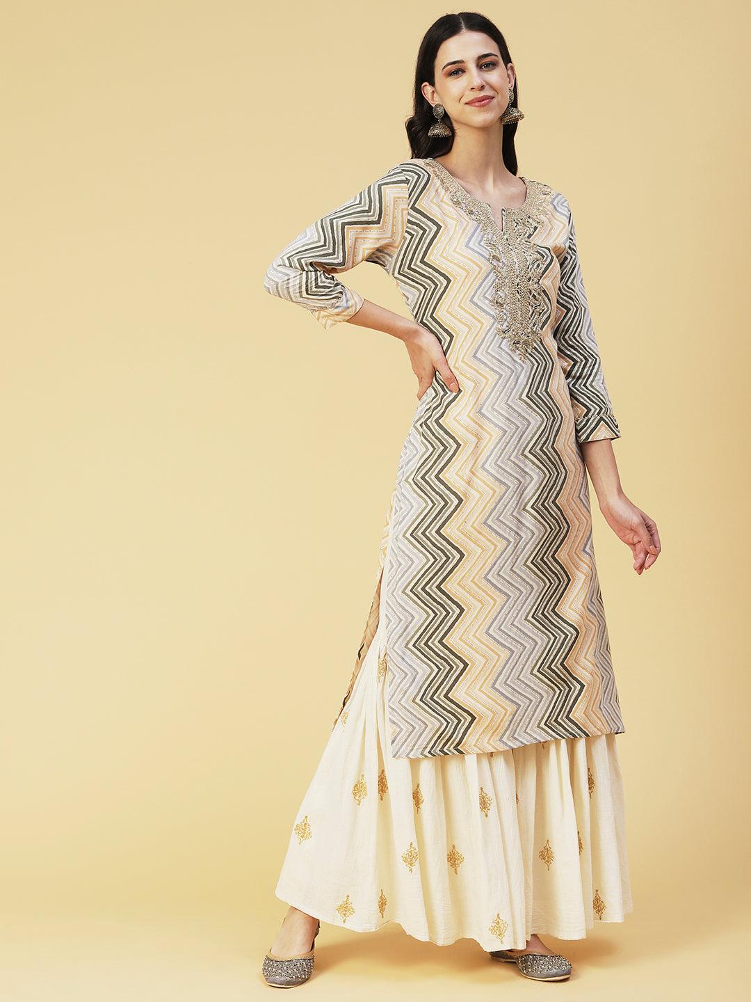 Chevron Printed & Embroidered Straight Fit Kurta - Multi - Indiakreations