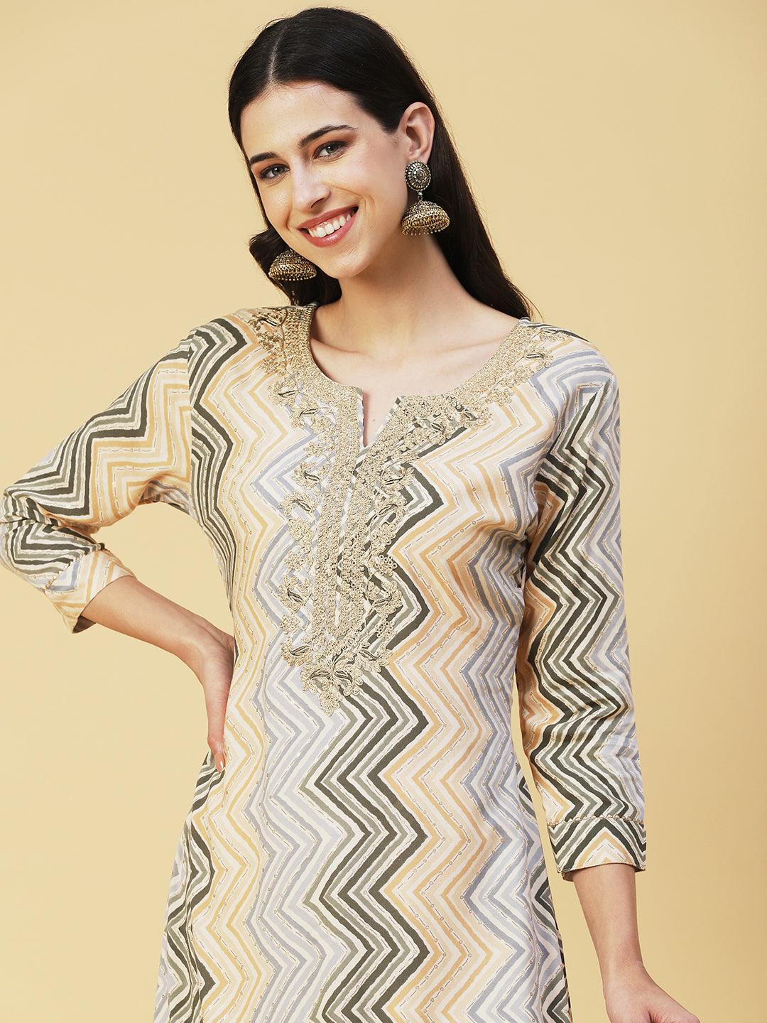 Chevron Printed & Embroidered Straight Fit Kurta - Multi - Indiakreations