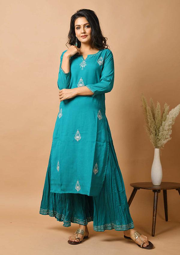 Teal Green Kurta Sharara Set - Indiakreations