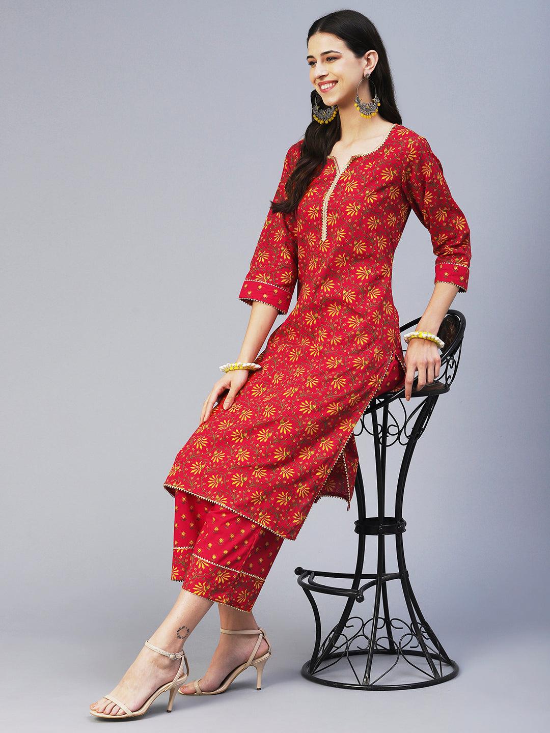 Floral Printed Straight Fit Kurta with Pant - Red - Indiakreations