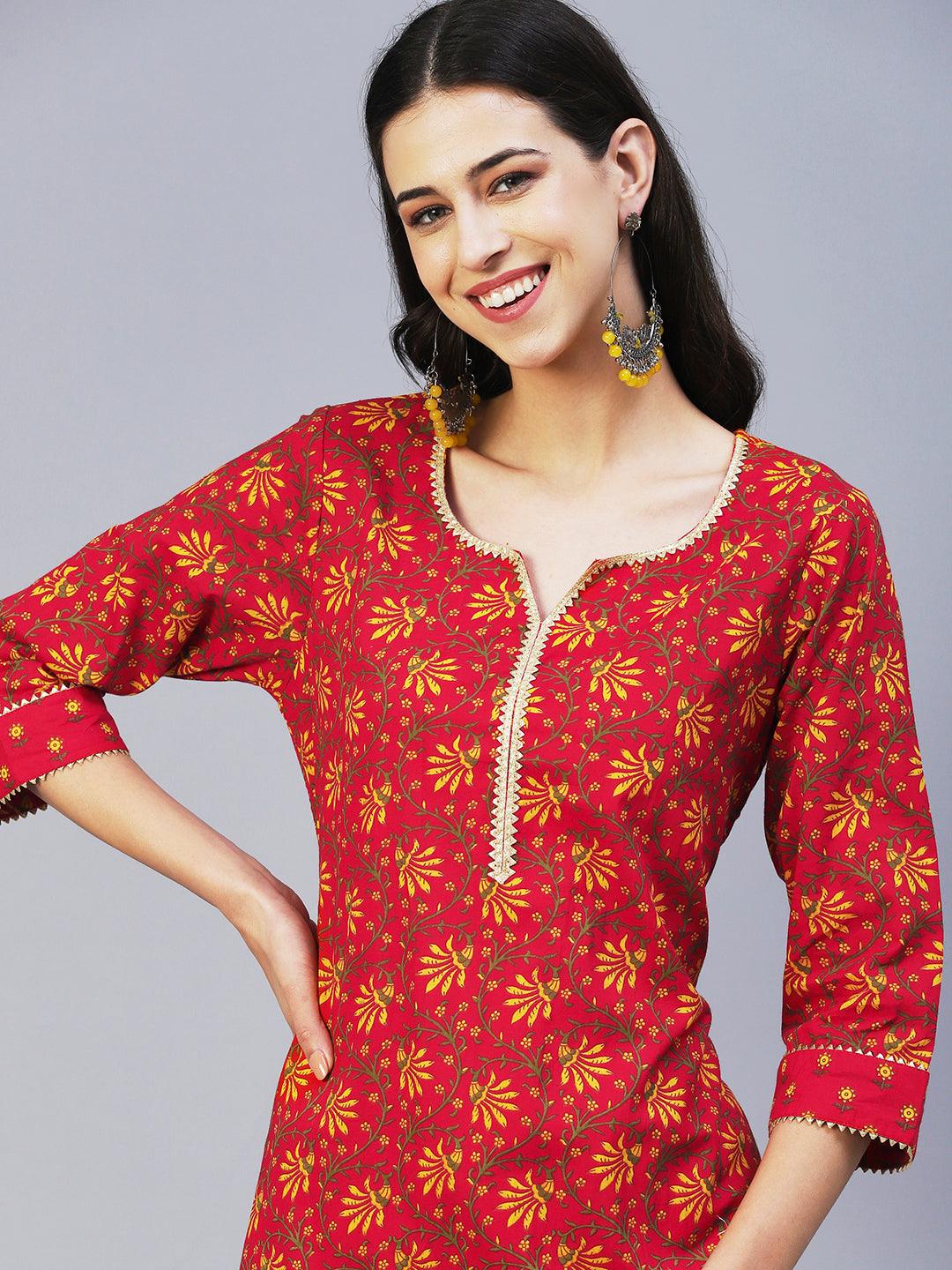 Floral Printed Straight Fit Kurta with Pant - Red - Indiakreations