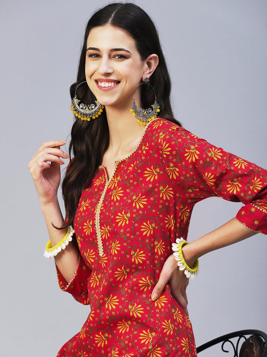 Floral Printed Straight Fit Kurta with Pant - Red - Indiakreations