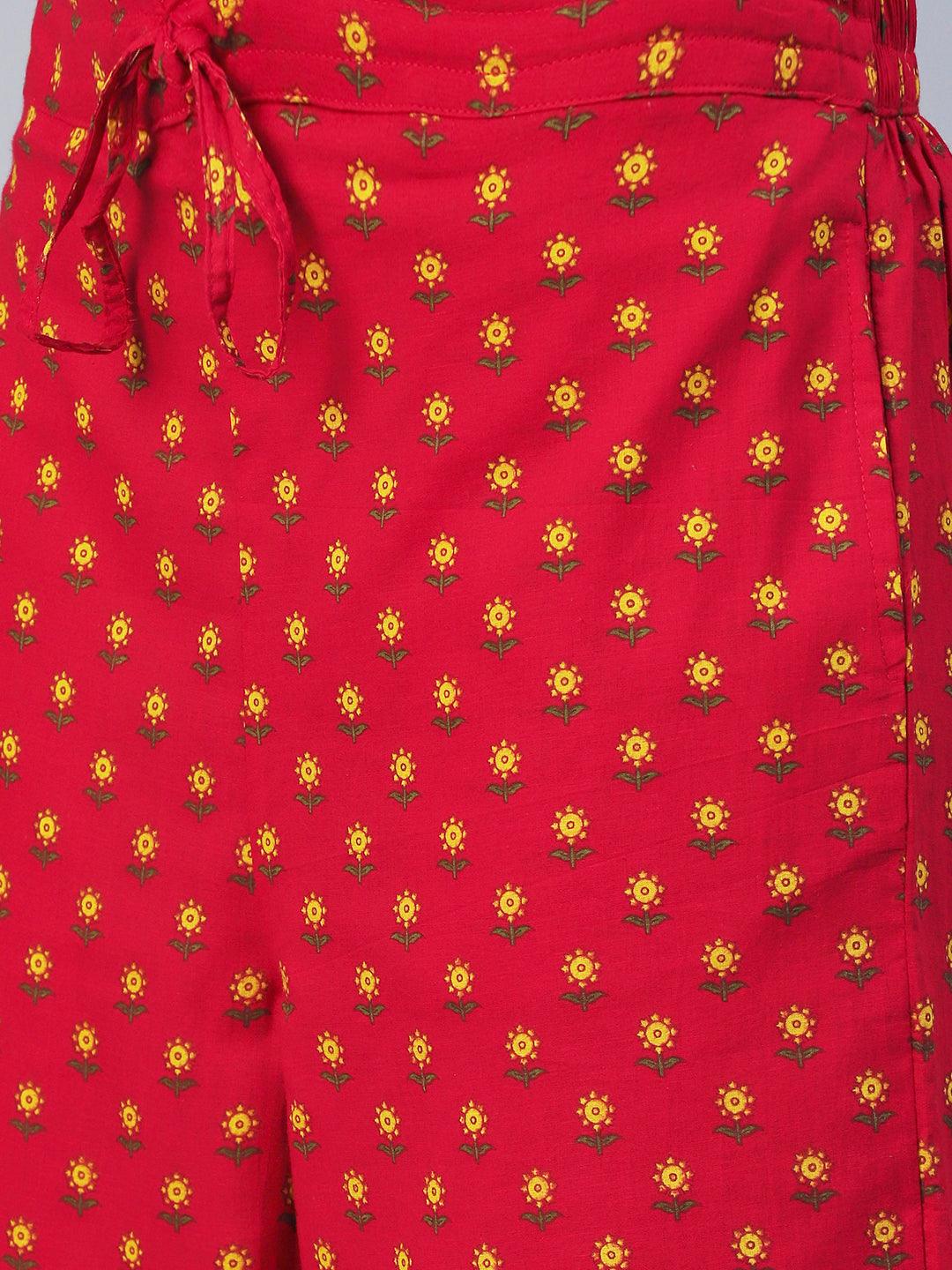 Floral Printed Straight Fit Kurta with Pant - Red - Indiakreations