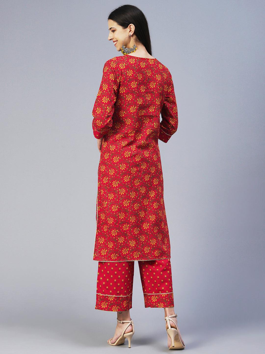 Floral Printed Straight Fit Kurta with Pant - Red - Indiakreations