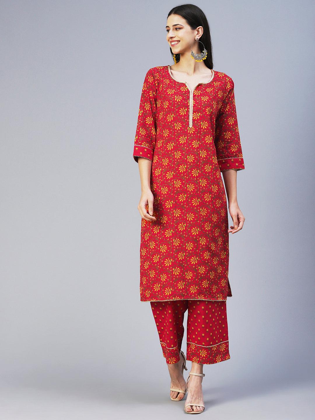 Floral Printed Straight Fit Kurta with Pant - Red - Indiakreations