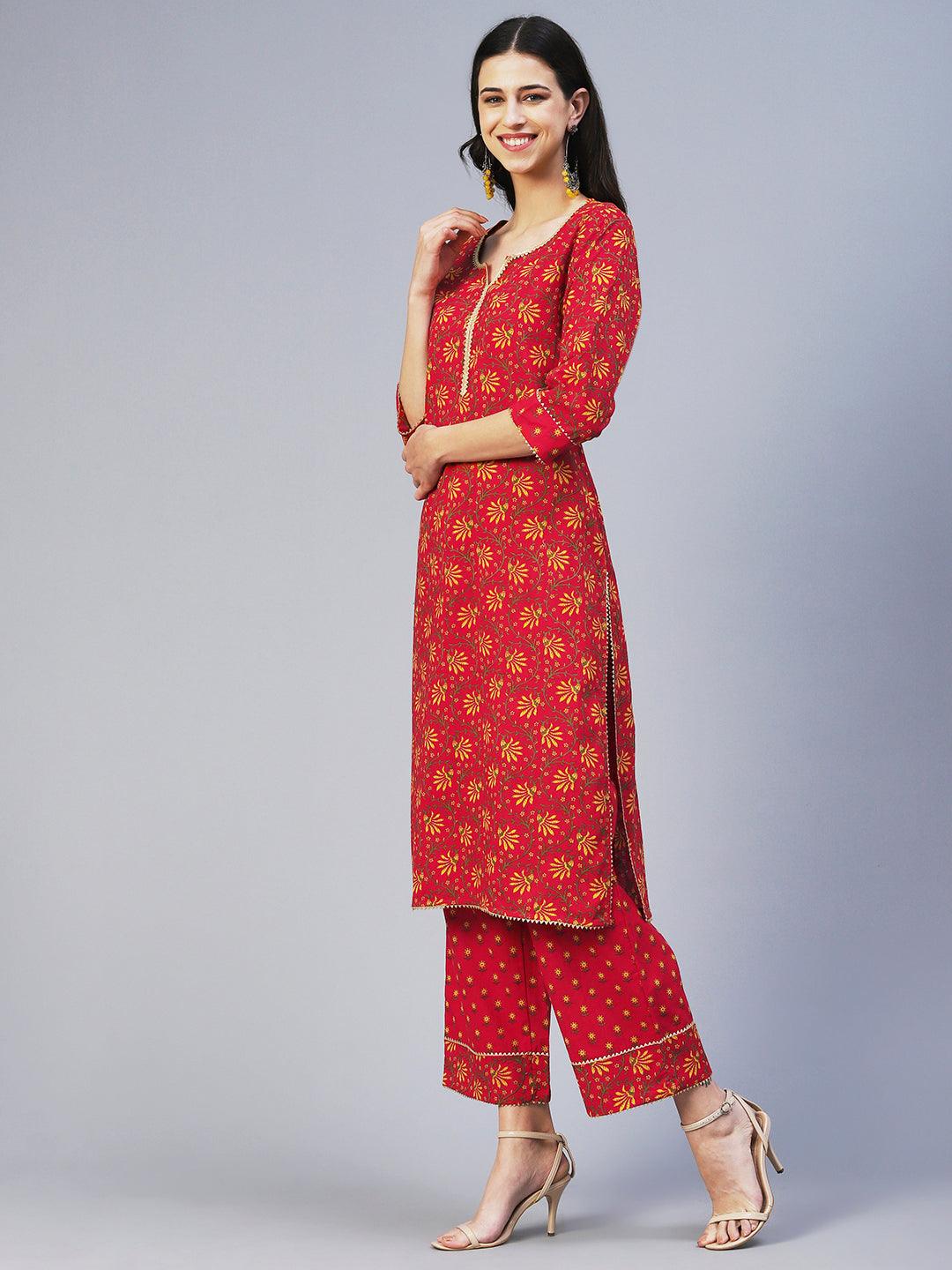 Floral Printed Straight Fit Kurta with Pant - Red - Indiakreations