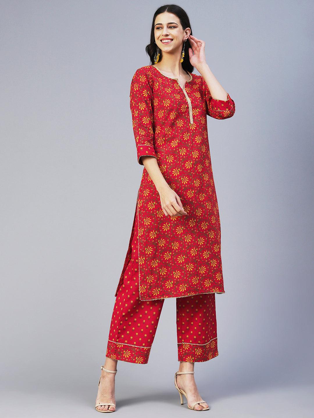 Floral Printed Straight Fit Kurta with Pant - Red - Indiakreations