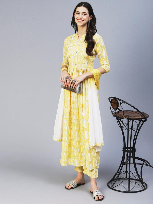 Abstract Printed Mirror Embroidered Kurta With Pants & Dupatta - Yellow - Indiakreations