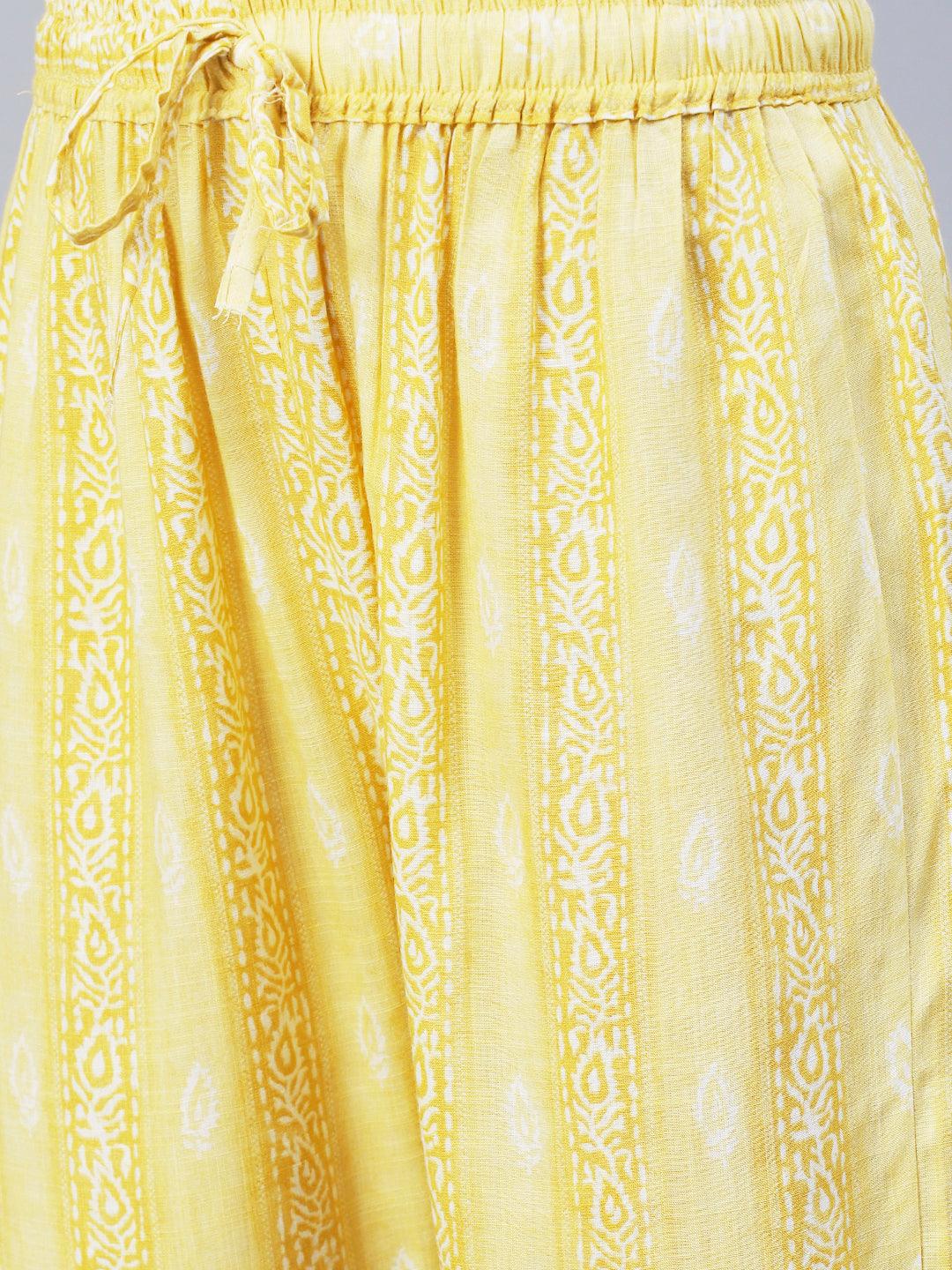 Abstract Printed Mirror Embroidered Kurta With Pants & Dupatta - Yellow - Indiakreations