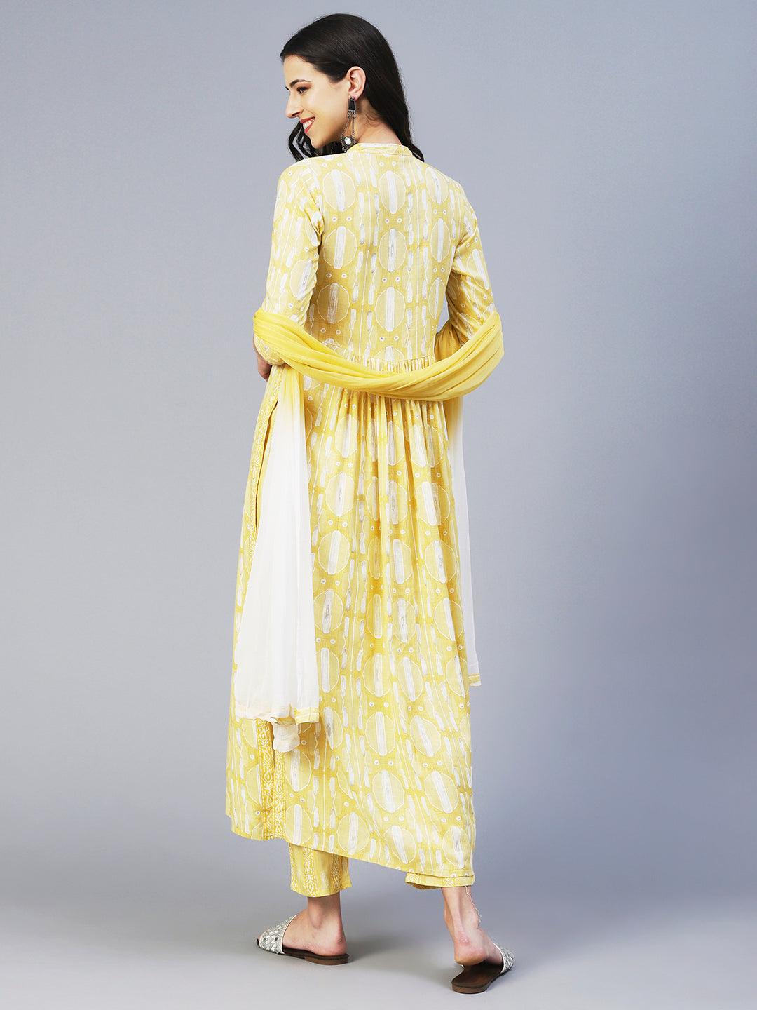 Abstract Printed Mirror Embroidered Kurta With Pants & Dupatta - Yellow - Indiakreations