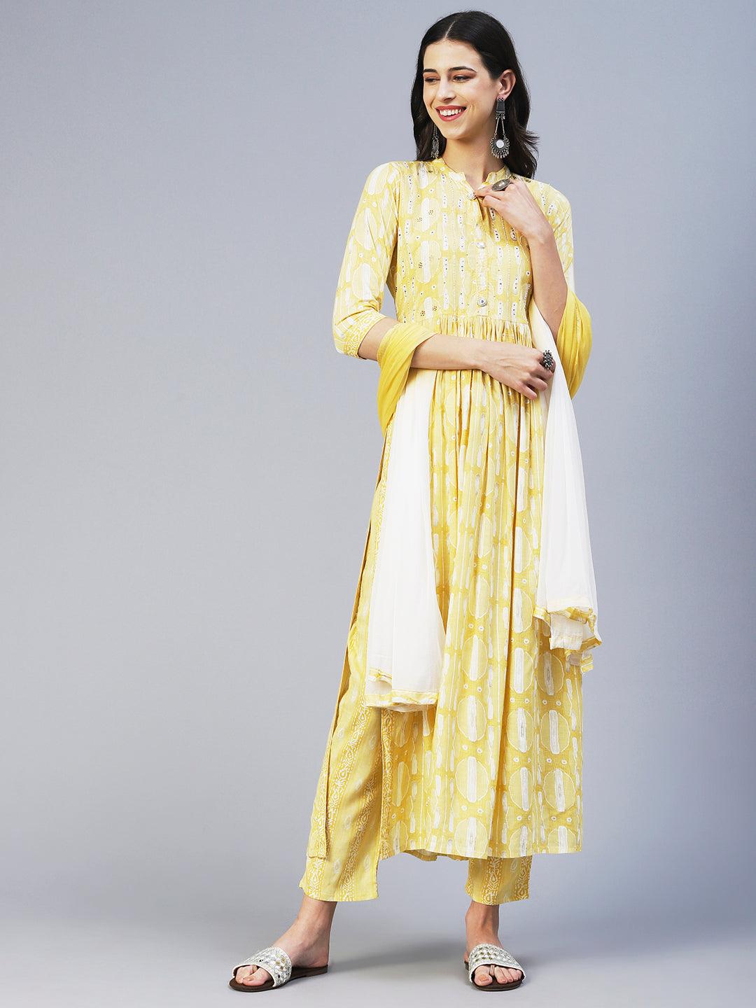 Abstract Printed Mirror Embroidered Kurta With Pants & Dupatta - Yellow - Indiakreations