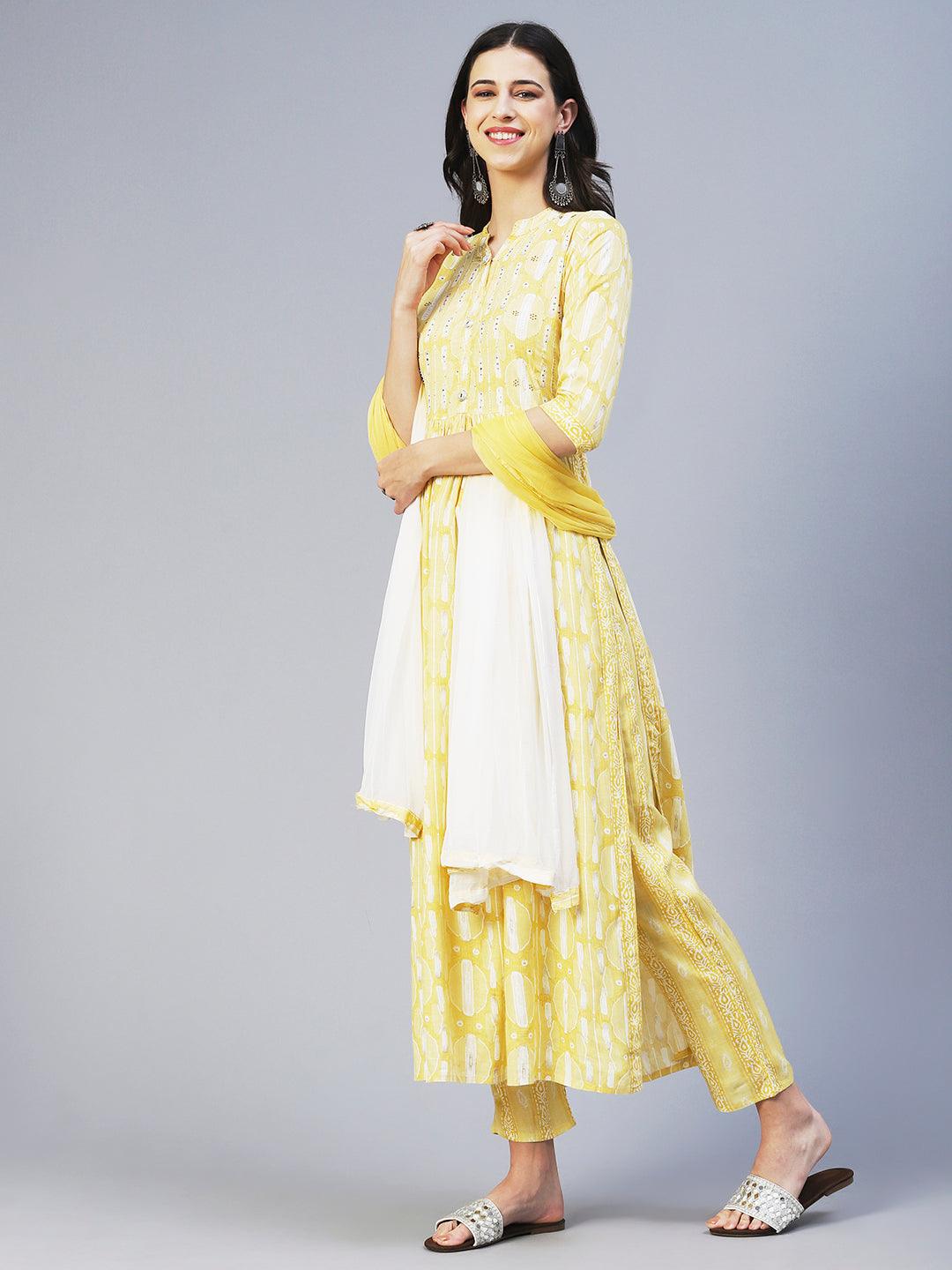 Abstract Printed Mirror Embroidered Kurta With Pants & Dupatta - Yellow - Indiakreations