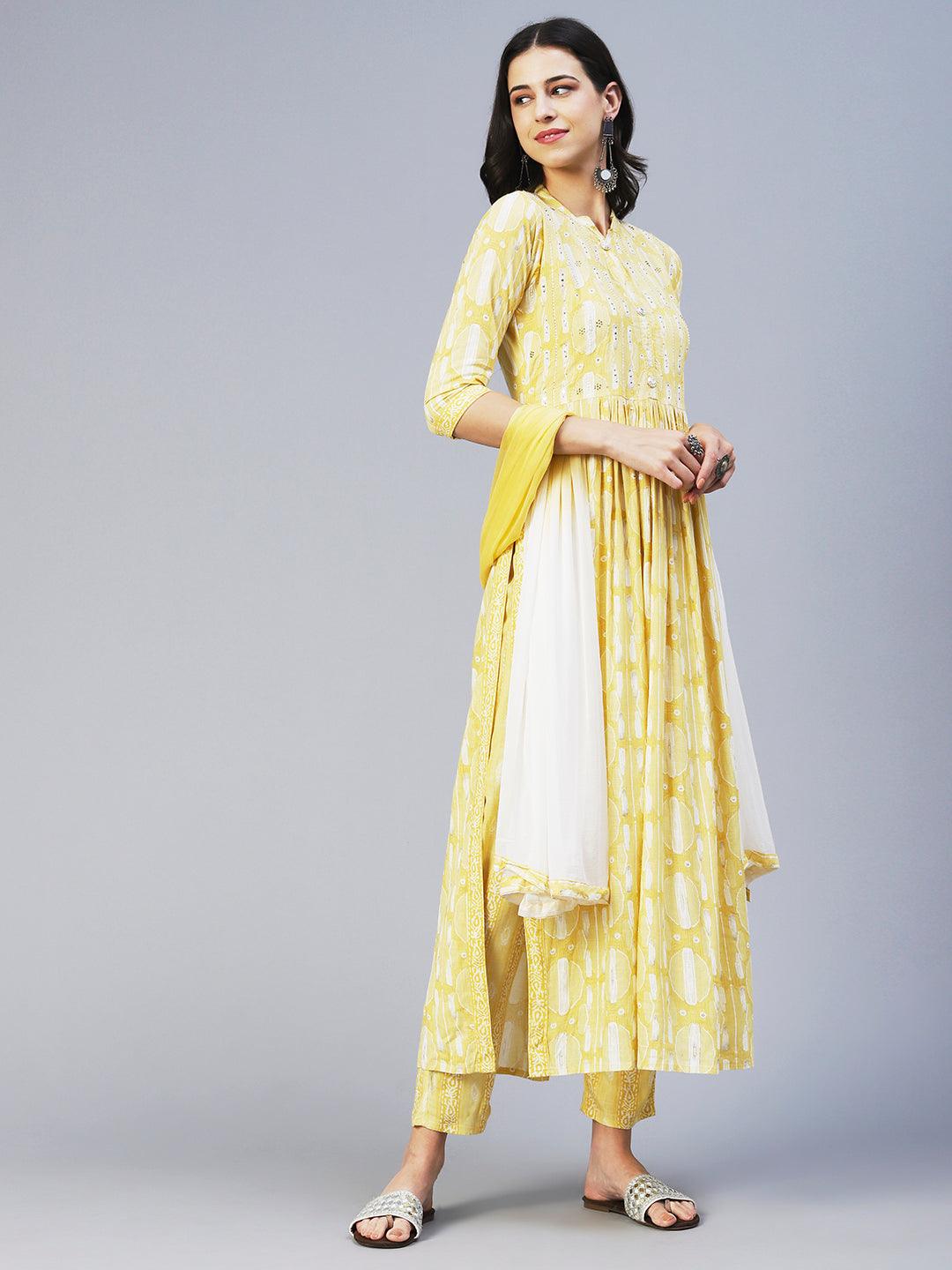 Abstract Printed Mirror Embroidered Kurta With Pants & Dupatta - Yellow - Indiakreations