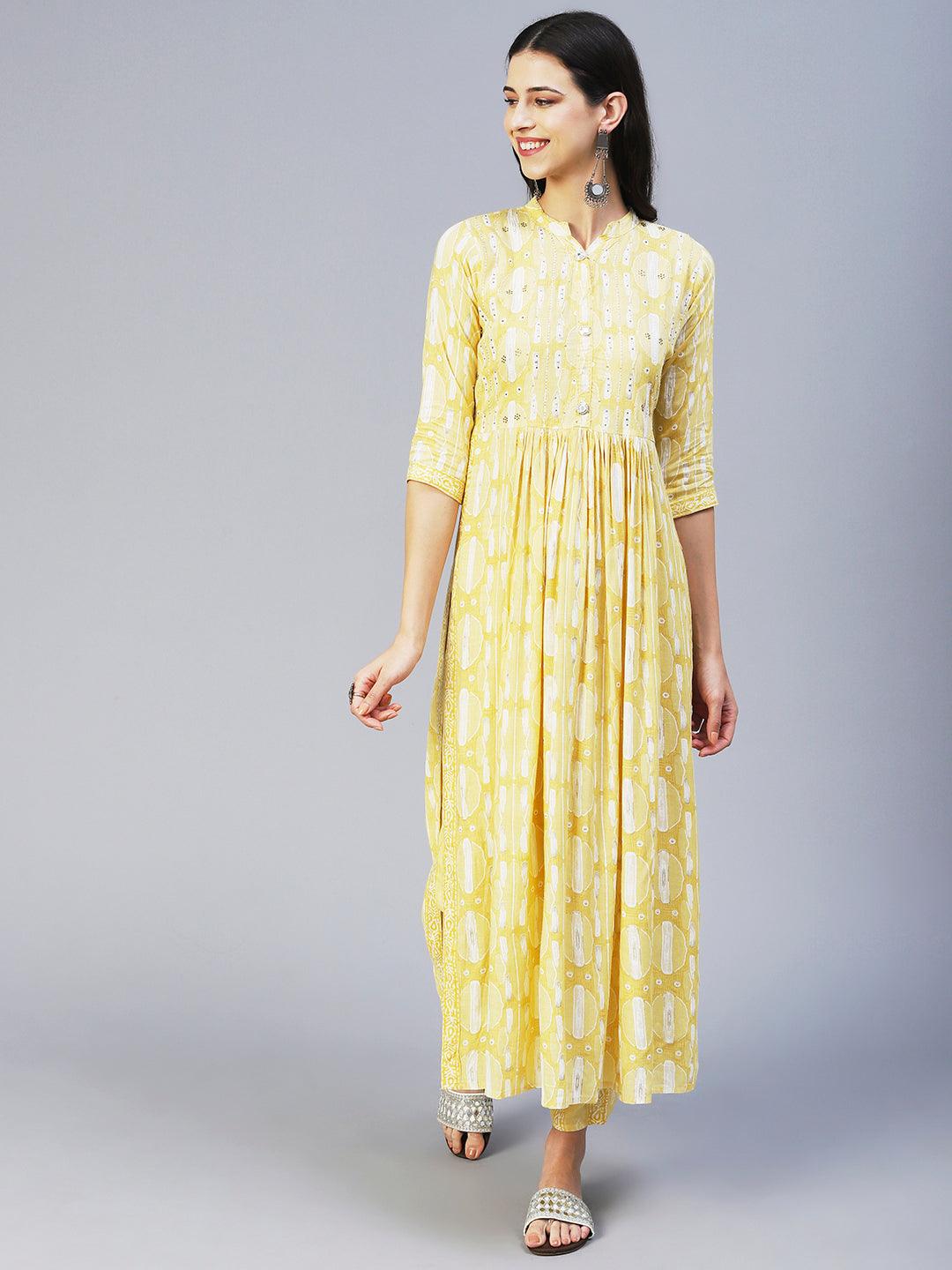 Abstract Printed Mirror Embroidered Kurta With Pants & Dupatta - Yellow - Indiakreations