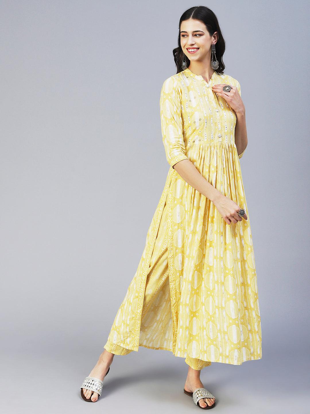 Abstract Printed Mirror Embroidered Kurta With Pants & Dupatta - Yellow - Indiakreations