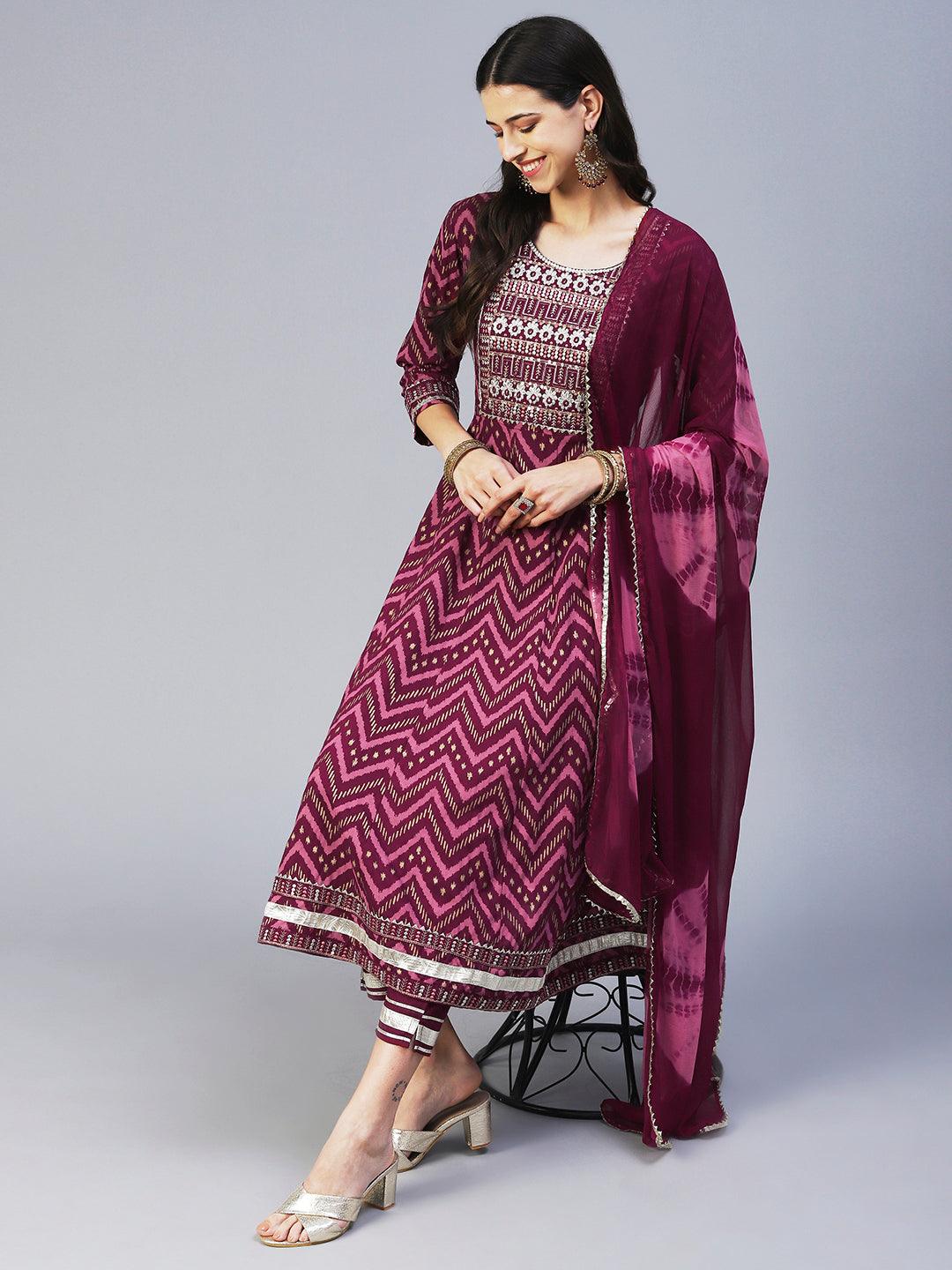 Chevron Printed Resham Embroidered Kurta With Pants & Dupatta - Maroon - Indiakreations