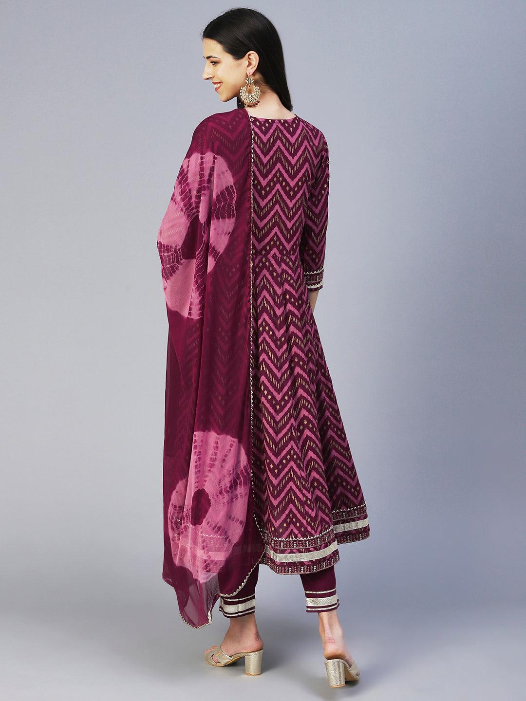 Chevron Printed Resham Embroidered Kurta With Pants & Dupatta - Maroon - Indiakreations