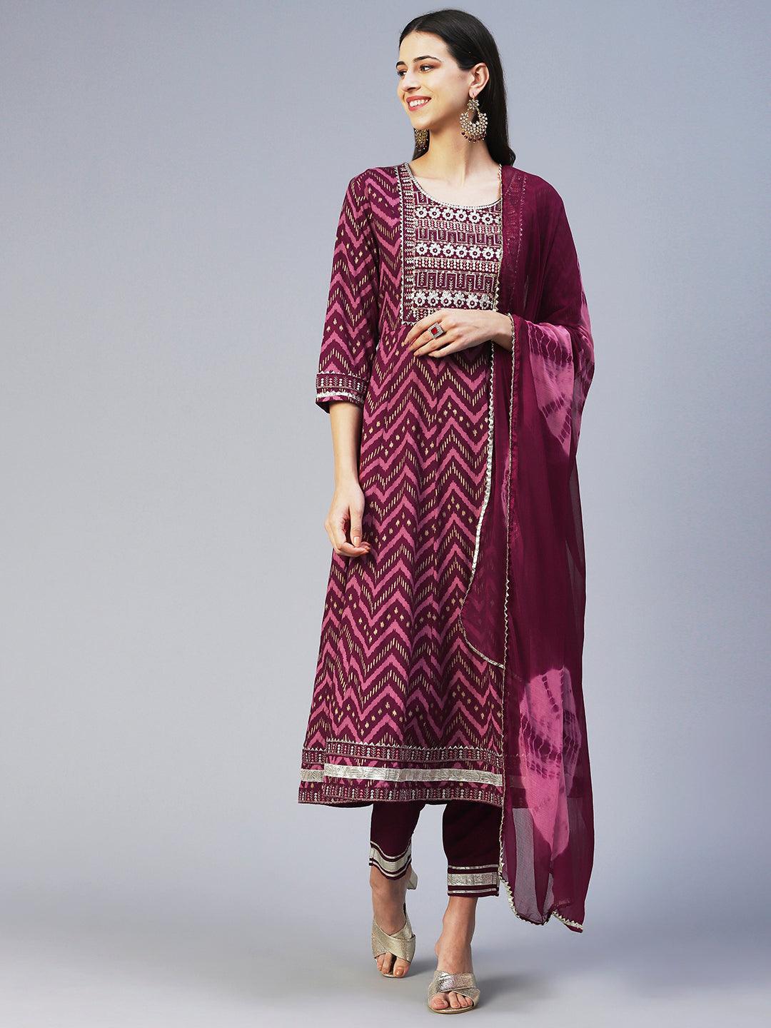 Chevron Printed Resham Embroidered Kurta With Pants & Dupatta - Maroon - Indiakreations