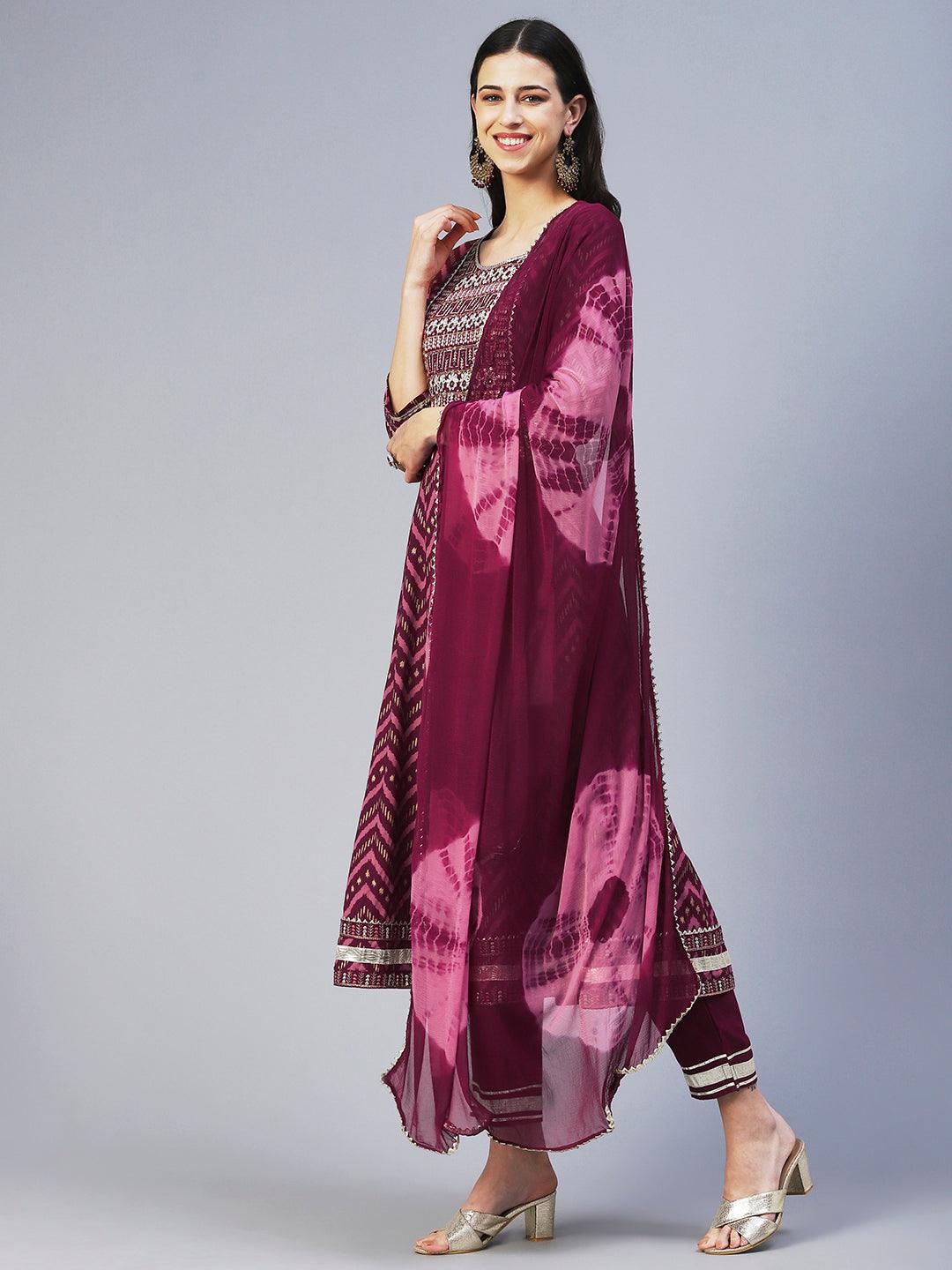 Chevron Printed Resham Embroidered Kurta With Pants & Dupatta - Maroon - Indiakreations