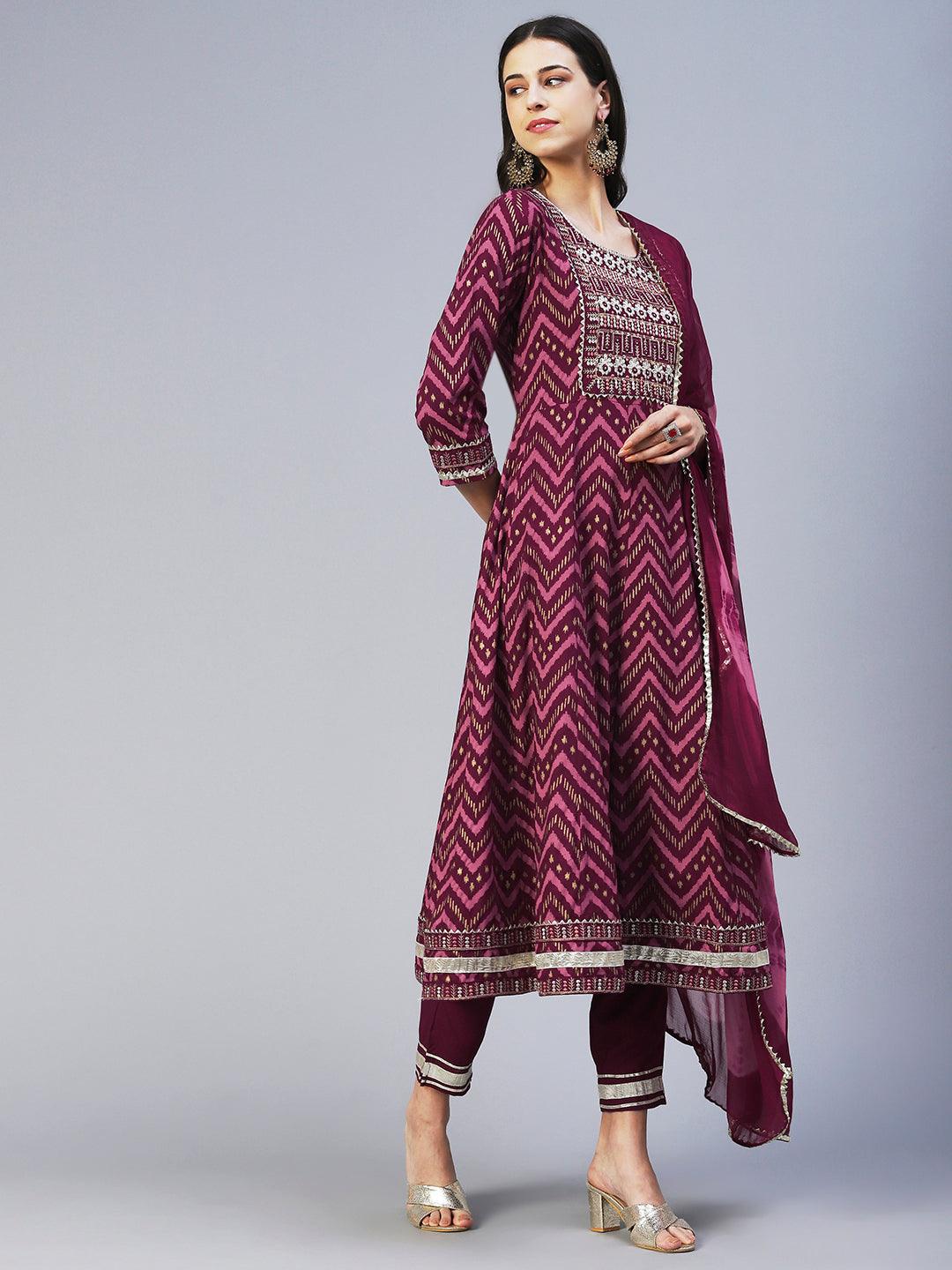 Chevron Printed Resham Embroidered Kurta With Pants & Dupatta - Maroon - Indiakreations