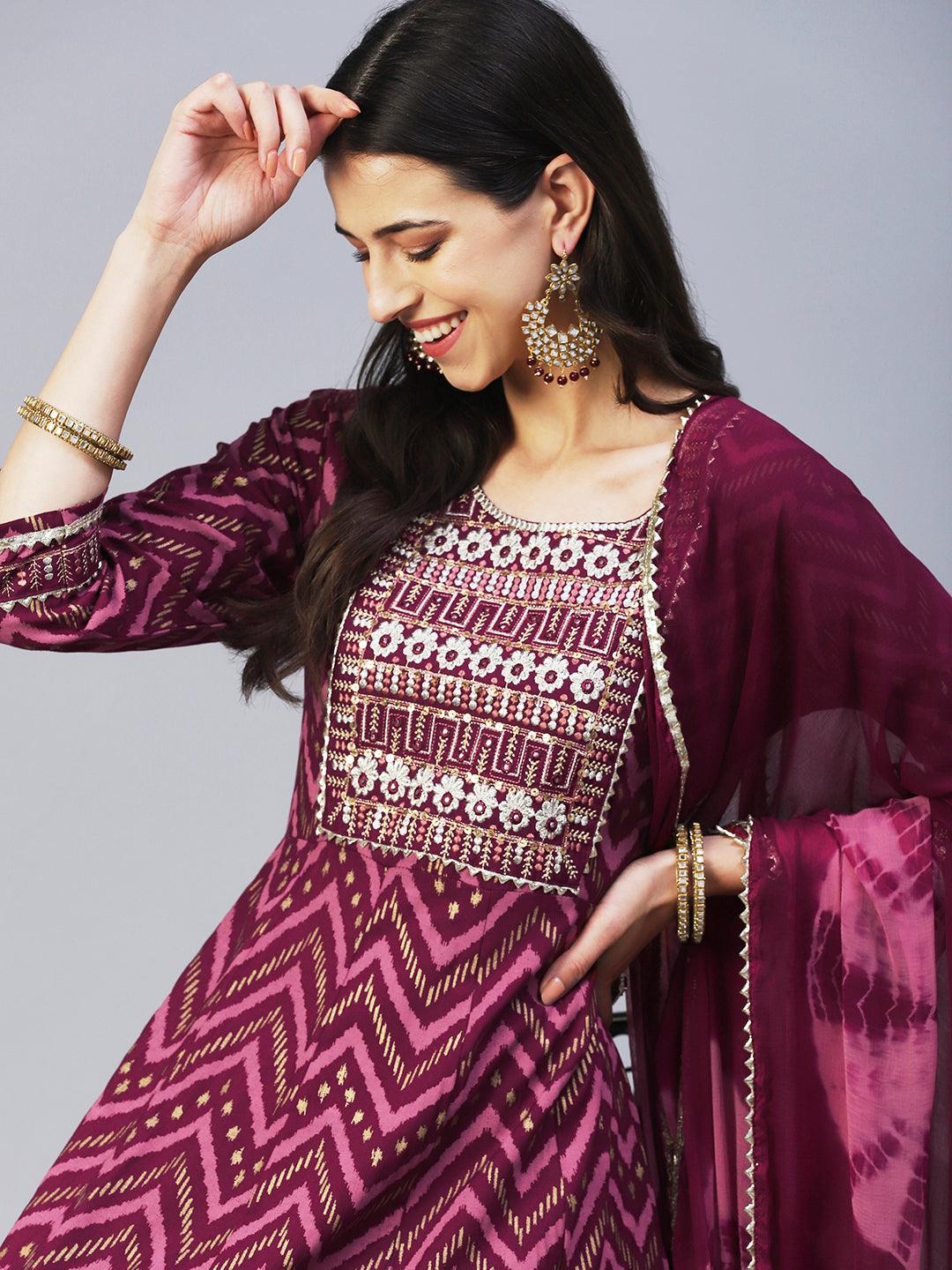 Chevron Printed Resham Embroidered Kurta With Pants & Dupatta - Maroon - Indiakreations