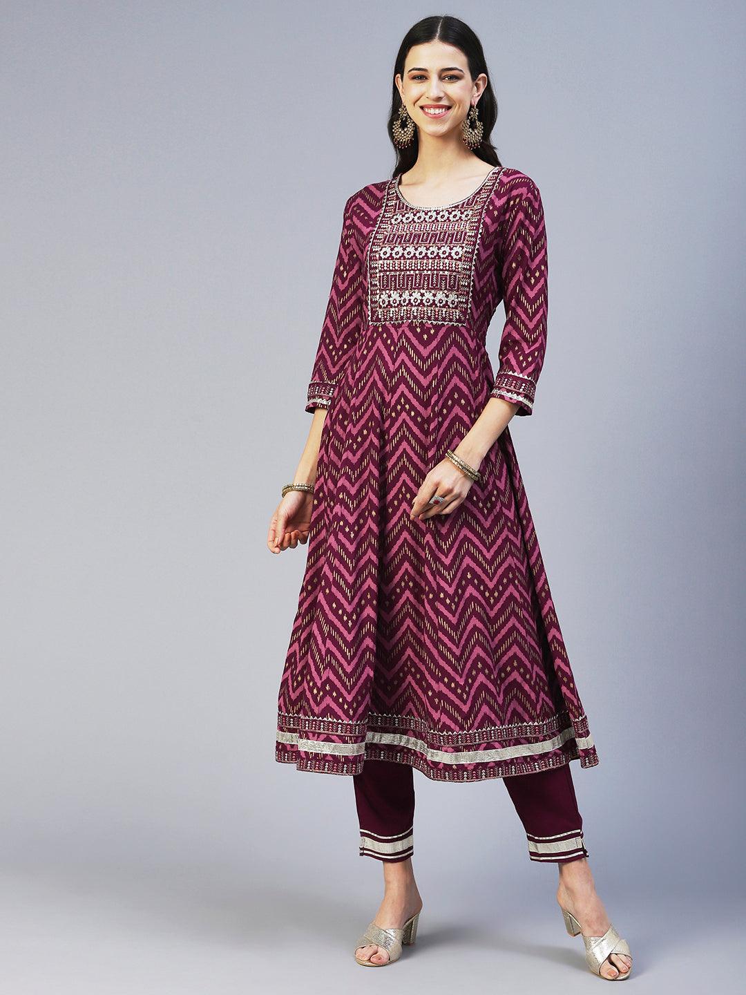 Chevron Printed Resham Embroidered Kurta With Pants & Dupatta - Maroon - Indiakreations