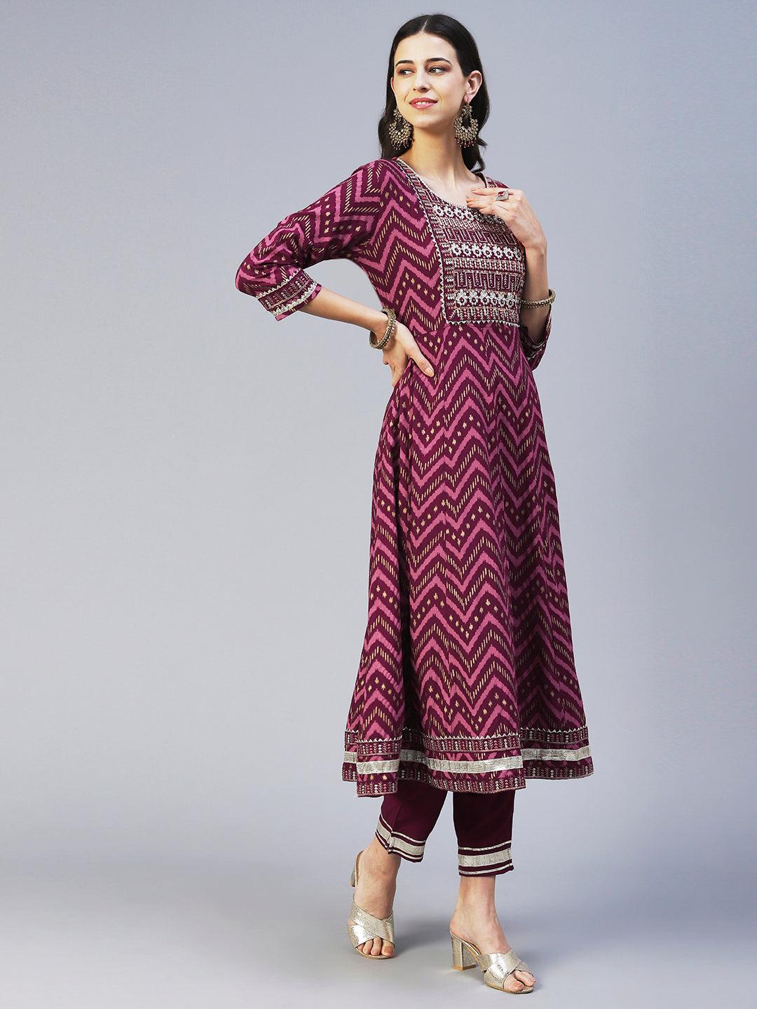 Chevron Printed Resham Embroidered Kurta With Pants & Dupatta - Maroon - Indiakreations