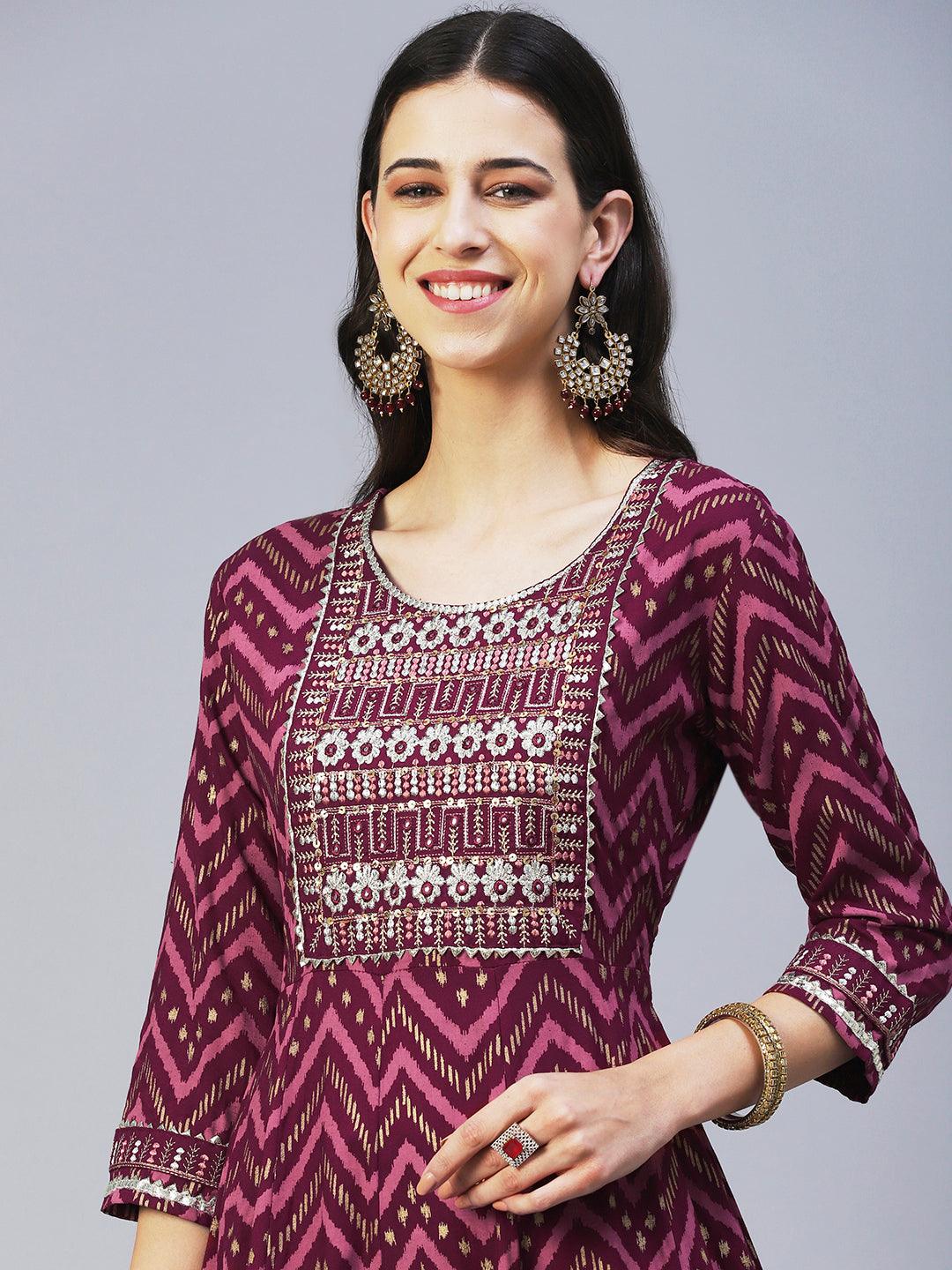 Chevron Printed Resham Embroidered Kurta With Pants & Dupatta - Maroon - Indiakreations