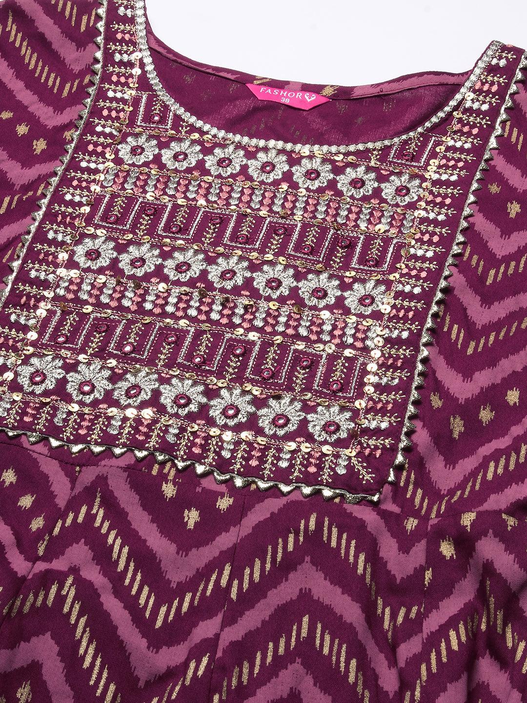 Chevron Printed Resham Embroidered Kurta With Pants & Dupatta - Maroon - Indiakreations