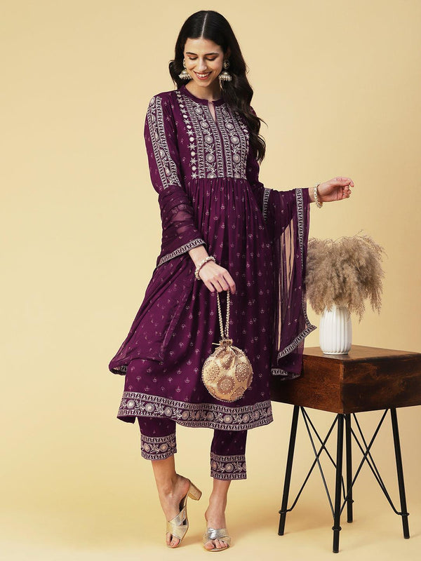 Ethnic Printed & Embroidered A-Line Kurta with Pant & Dupatta - Purple - Indiakreations